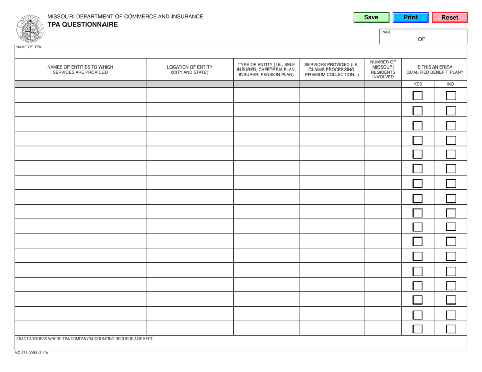 Form MO375-0083 Tpa Questionnaire - Missouri, Page 1