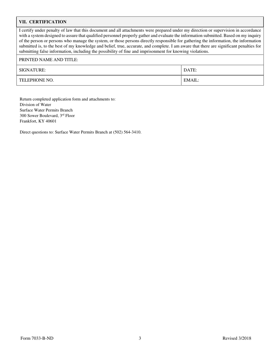 Short Form B (7033-B-ND) Kentucky No Discharge Operational Permit for Agricultural Wastes Handling System Permit Application - Kentucky, Page 3