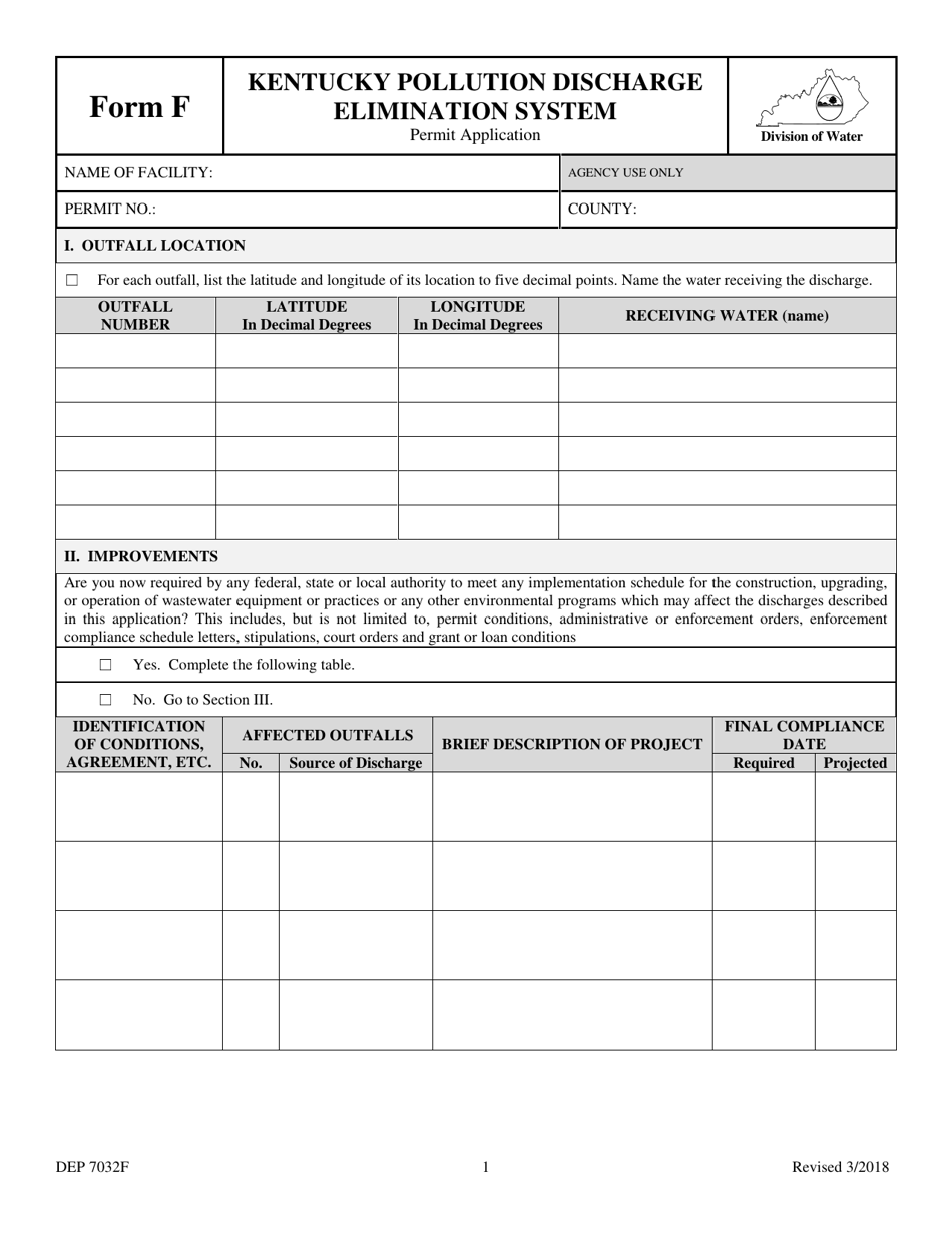 Form F (DEP7032F) Kentucky Pollution Discharge Elimination System Permit Application - Kentucky, Page 1