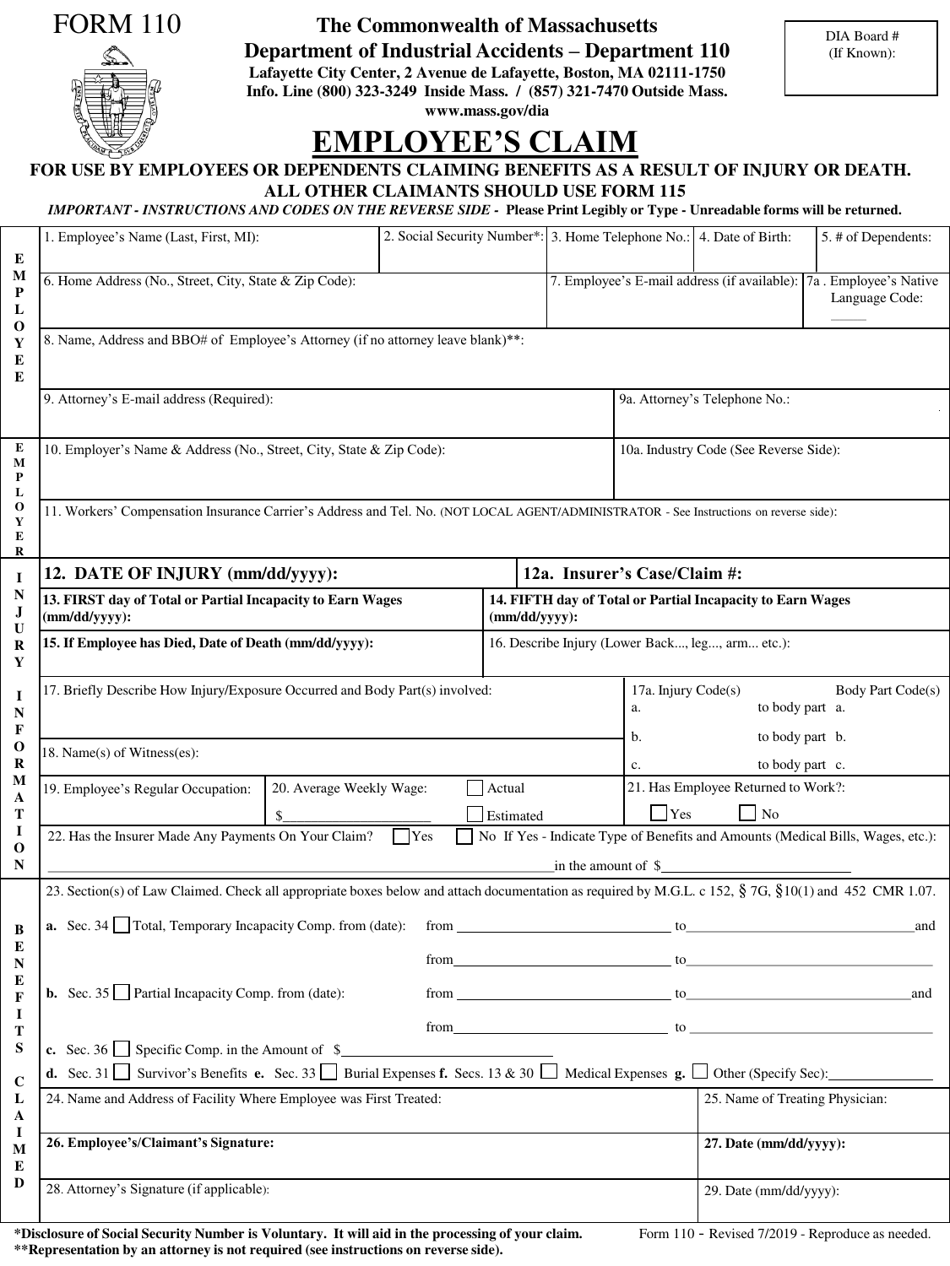 Form 110 Employees Claim - Massachusetts, Page 1