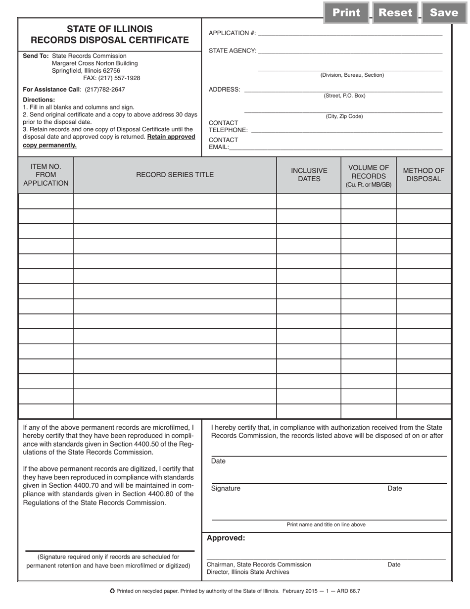 Form AR D66.7 Records Disposal Certificate - Illinois, Page 1