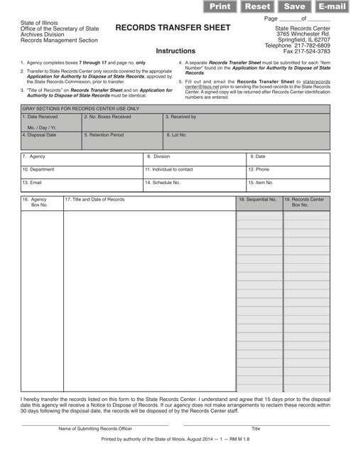 Form RM M1.8 Records Transfer Sheet - Illinois