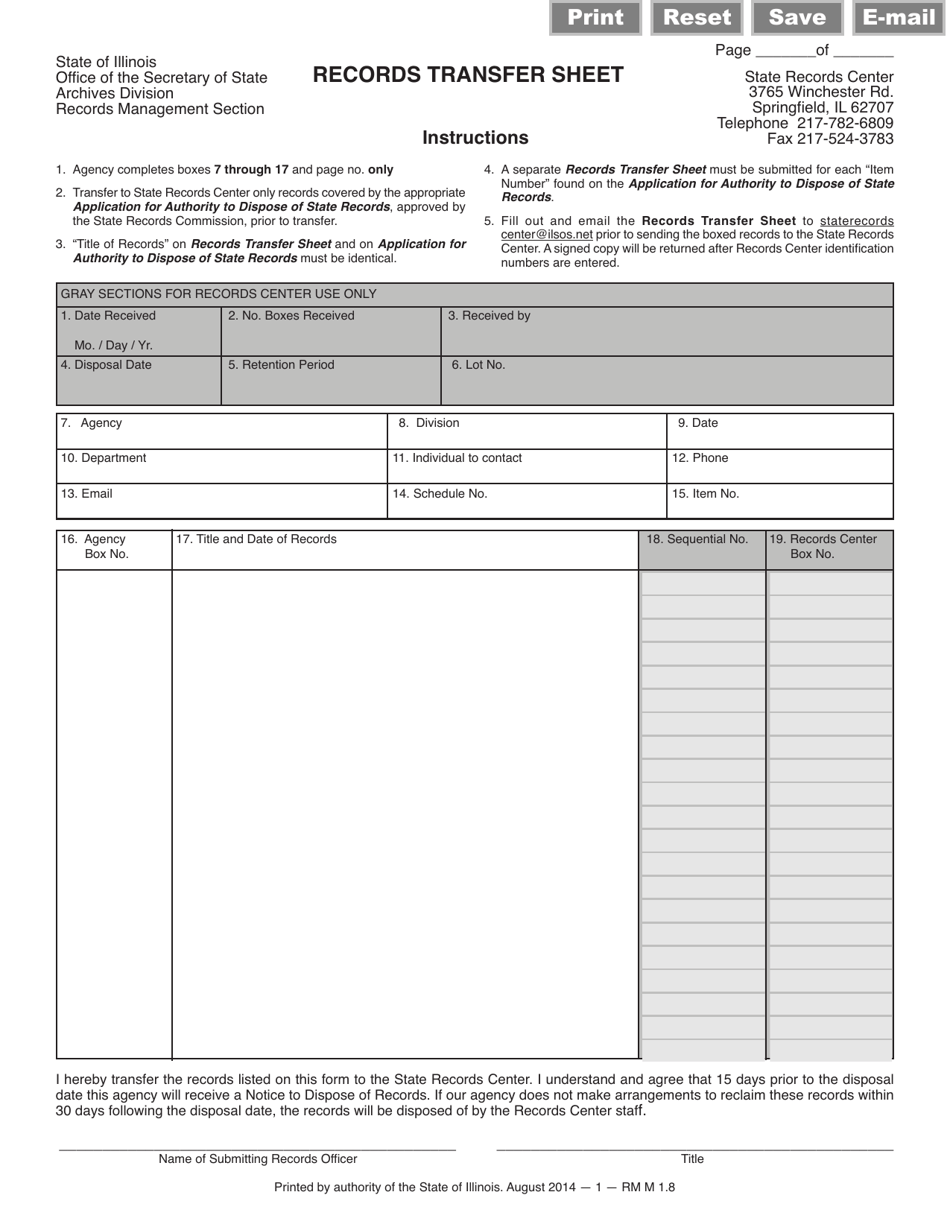 Form RM M1.8 Records Transfer Sheet - Illinois, Page 1