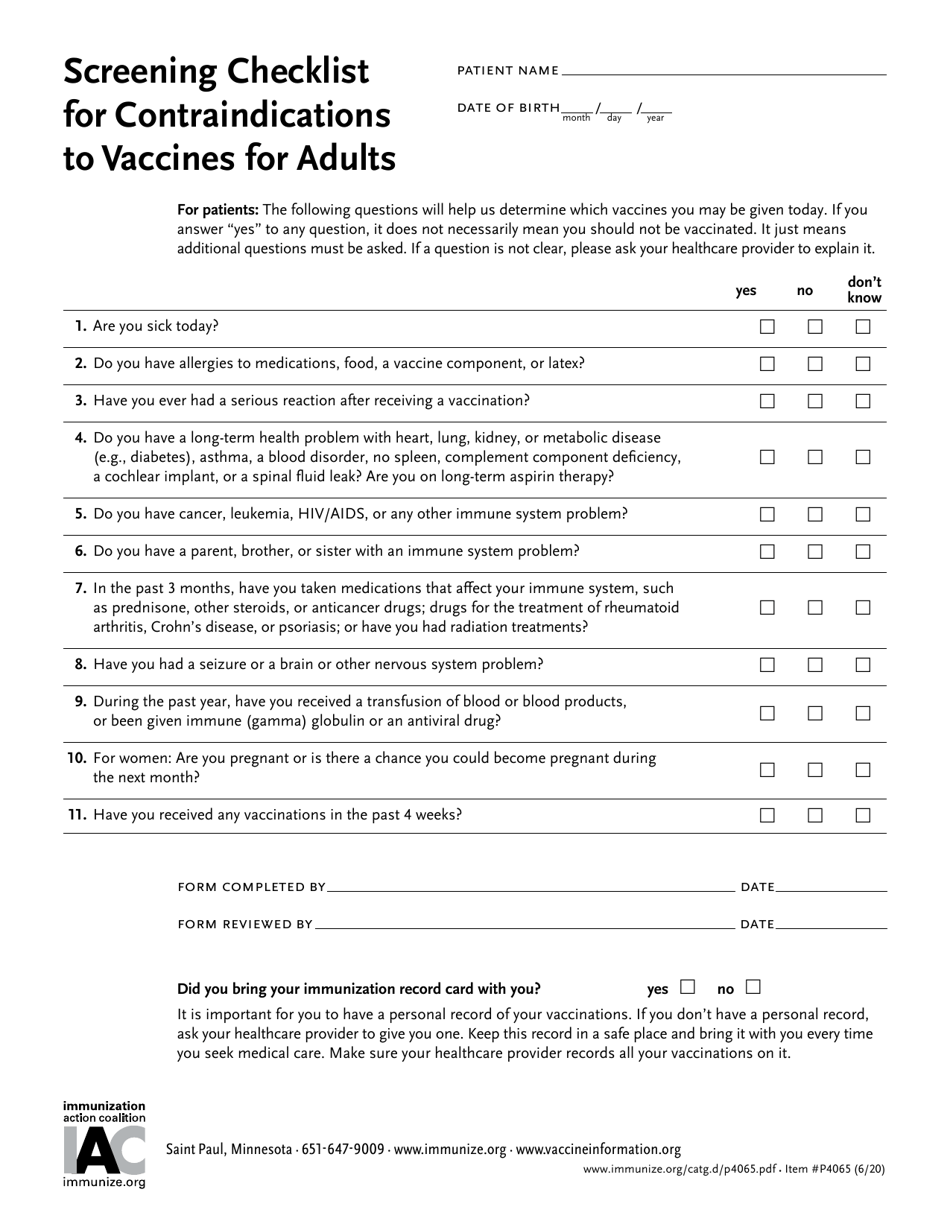 Screening Checklist for Contraindications to Vaccines for Adults - Minnesota, Page 1