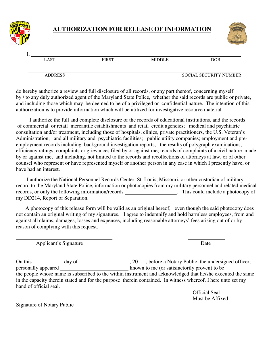 Authorization for Release of Information - Maryland, Page 1