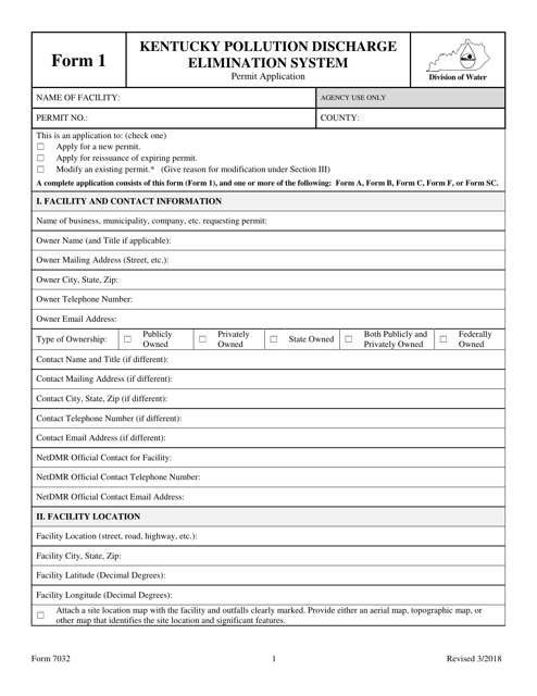 Form 1 (7032) Kentucky Pollution Discharge Elimination System Permit Application - Kentucky