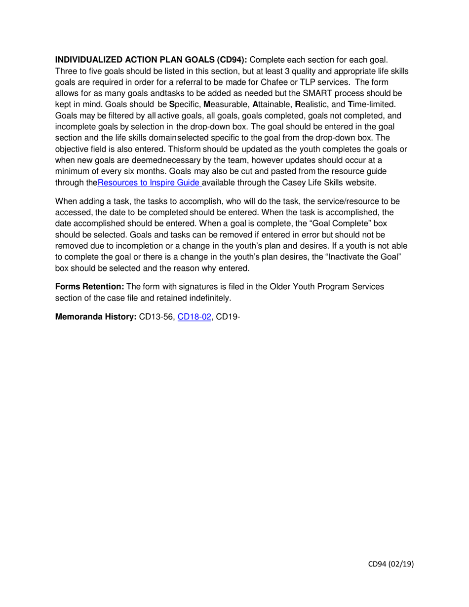 Instructions for Form CD94 Adolescent Family Support Team Guide and Individualized Action Plan Goals - Missouri, Page 4