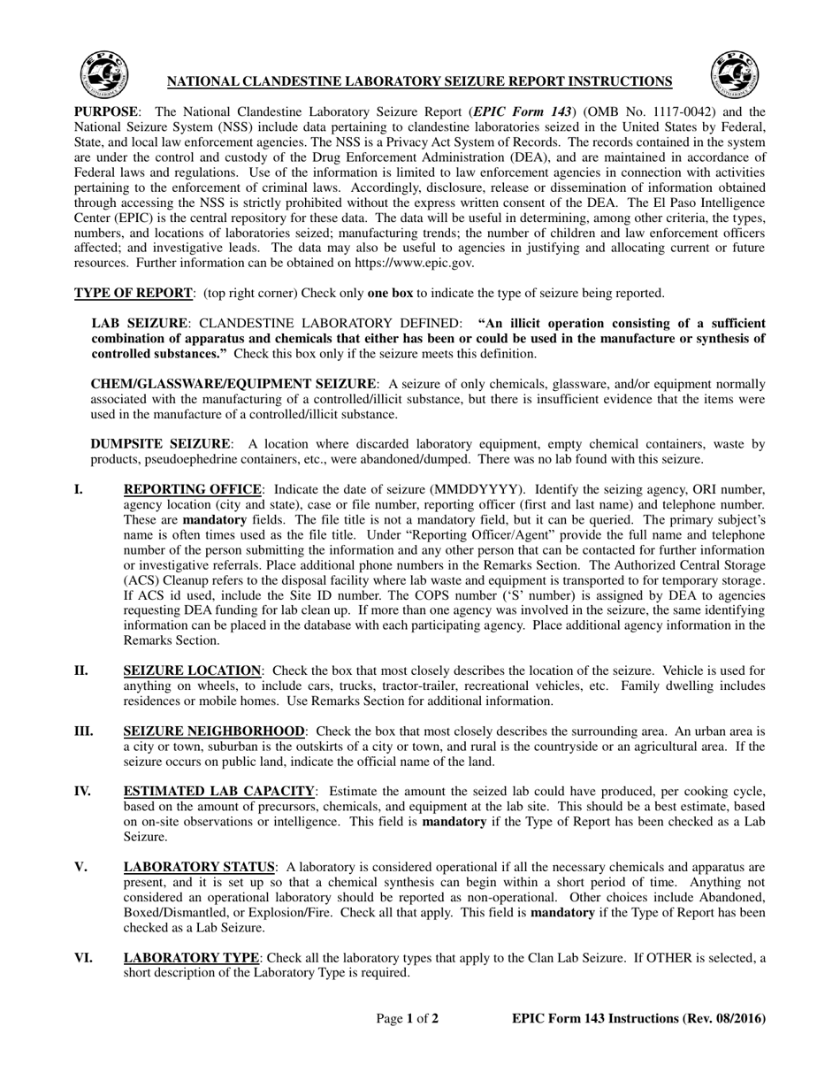 Instructions for EPIC Form 143 National Clandestine Laboratory Seizure Report, Page 1