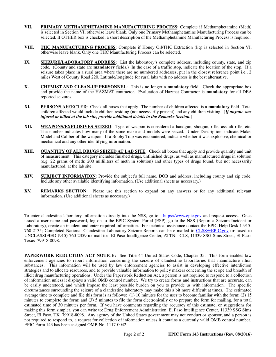 Instructions for EPIC Form 143 National Clandestine Laboratory Seizure Report, Page 2