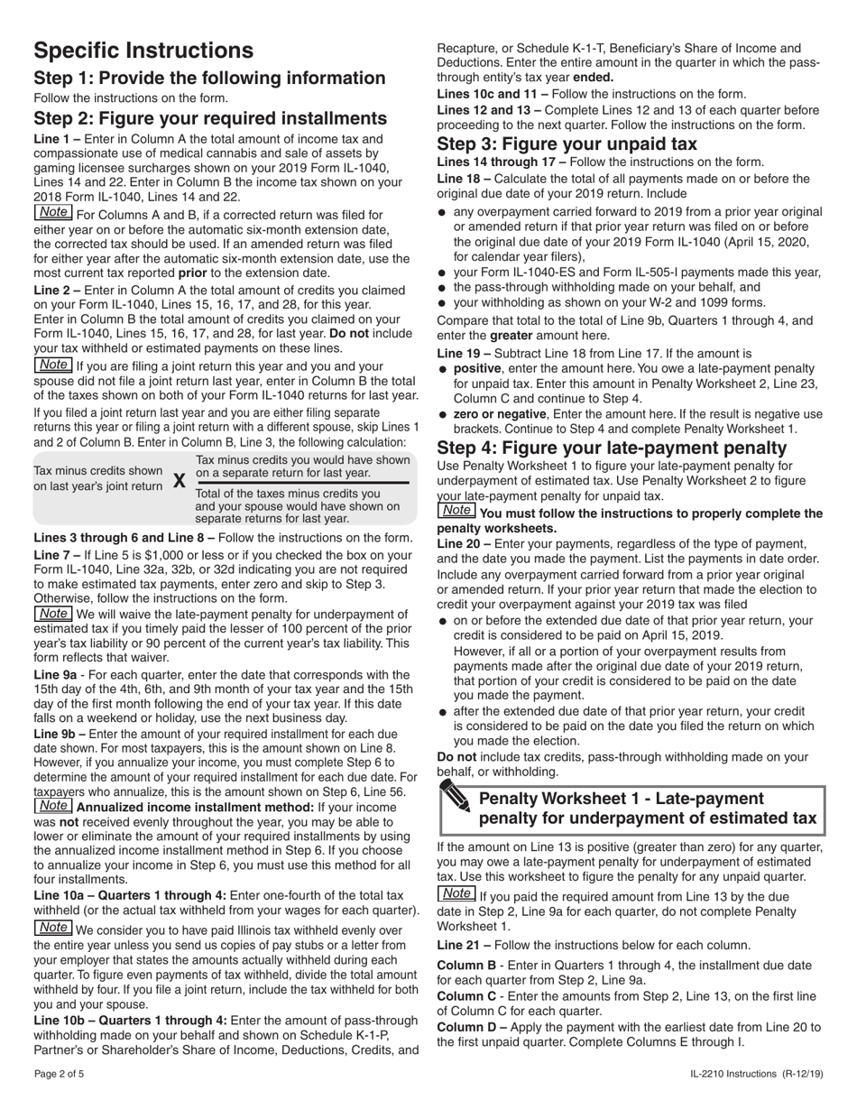 Instructions for Form IL-2210 Computation of Penalties for Individuals - Illinois, Page 2
