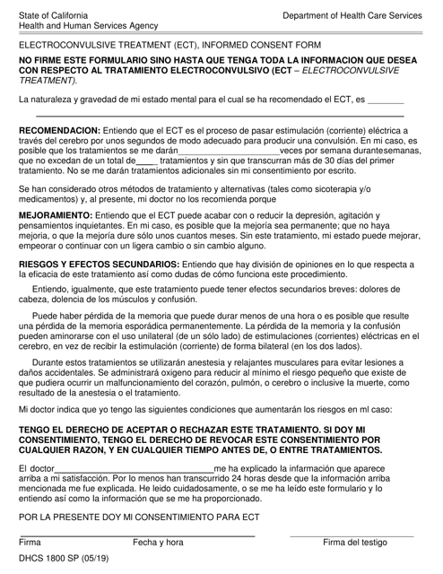 Formulario DHCS1800 SP Electroconvulsive Treatment (Ect), Informed Consent Form - California (Spanish)