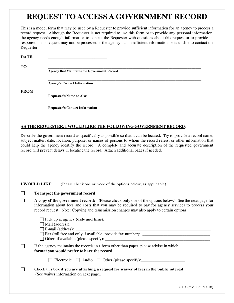 Form OIP1 Request to Access a Government Record - Hawaii, Page 1