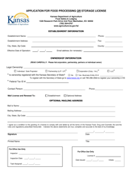 Document preview: Application for Food Processing or Storage License - Kansas