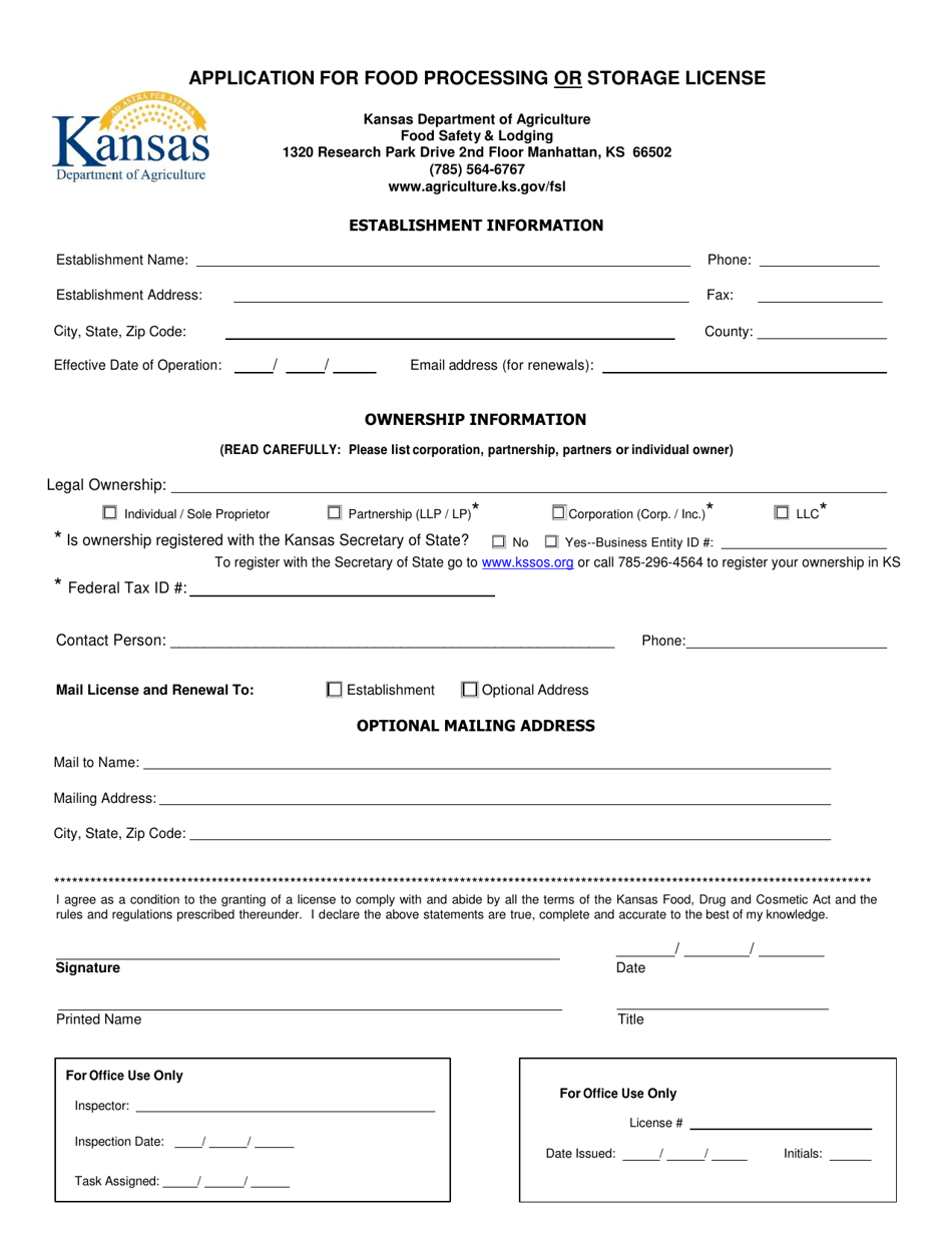 Kansas Application for Food Processing or Storage License Fill Out