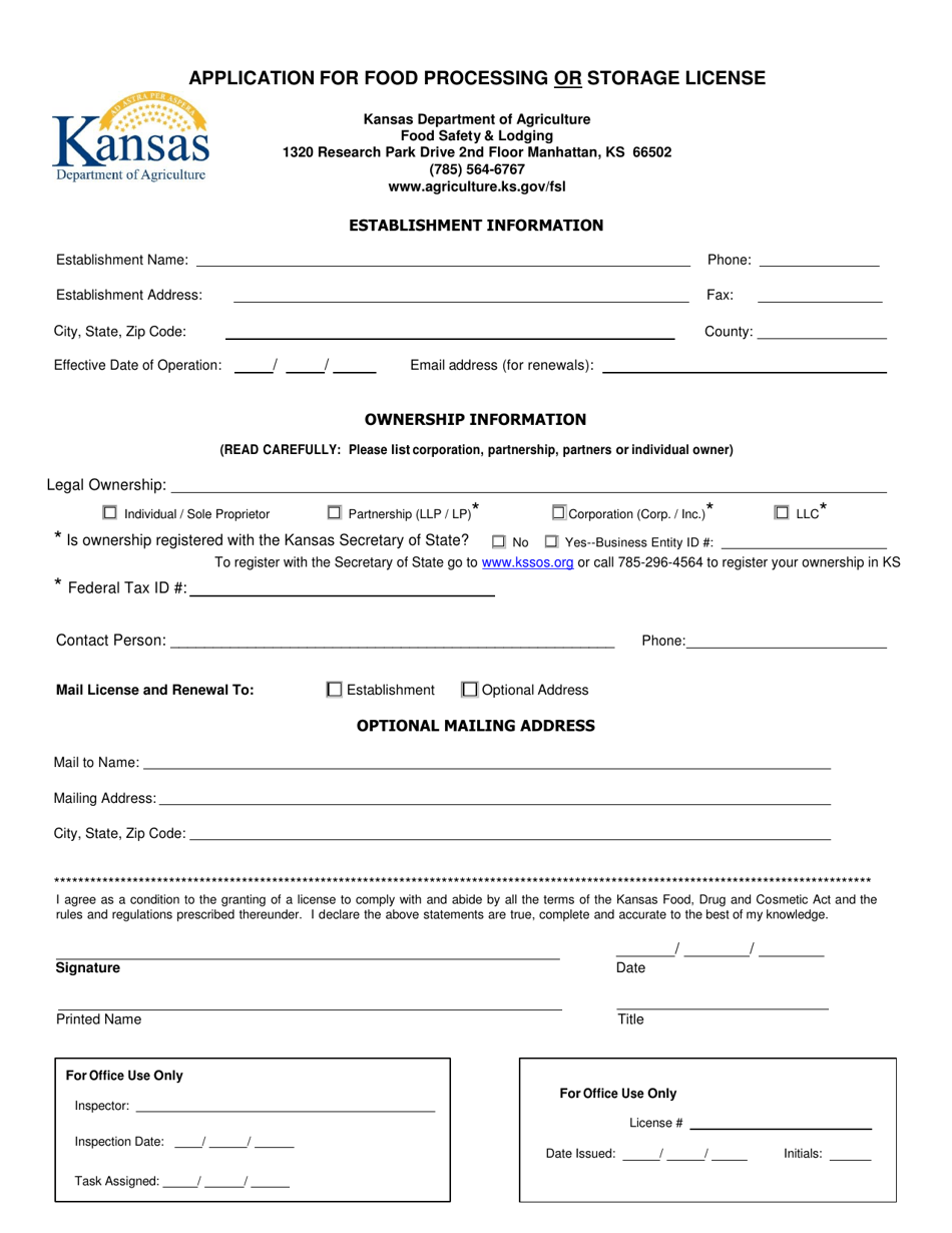 Application for Food Processing or Storage License - Kansas, Page 1