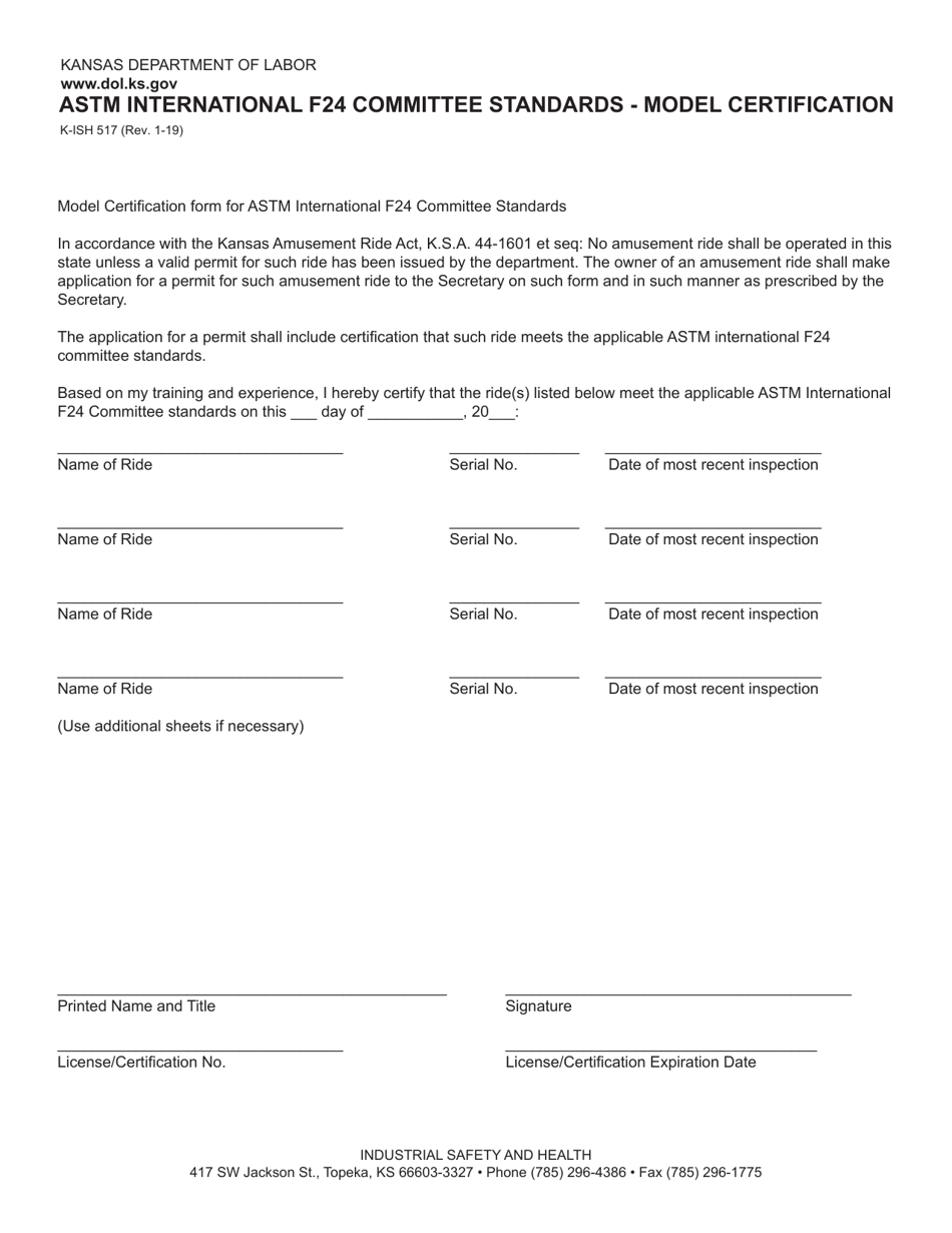 Form K-ISH517 Astm International F24 Committee Standards - Model Certification - Kansas, Page 1