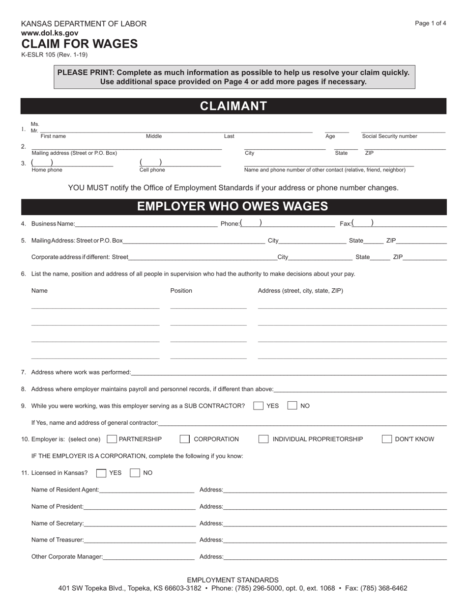 Form K-ESLR105 Claim for Wages - Kansas, Page 2
