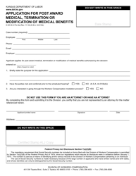 Document preview: Form K-WC E-4 Application for Post Award Medical, Termination or Modification of Medical Benefits - Kansas