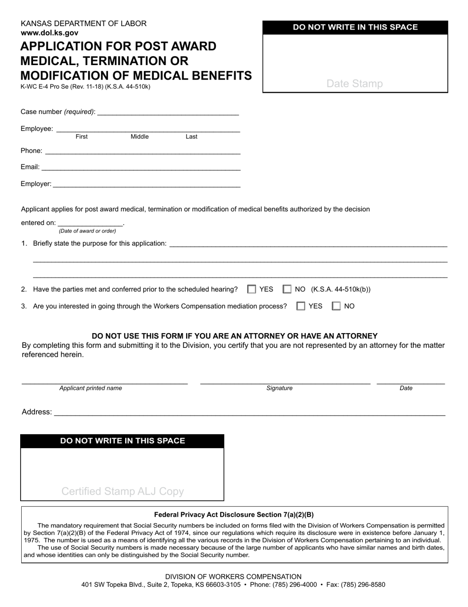 Form K-WC E-4 Application for Post Award Medical, Termination or Modification of Medical Benefits - Kansas, Page 1