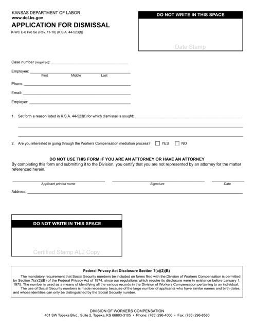 Form K-WC E-6 Application for Dismissal - Kansas