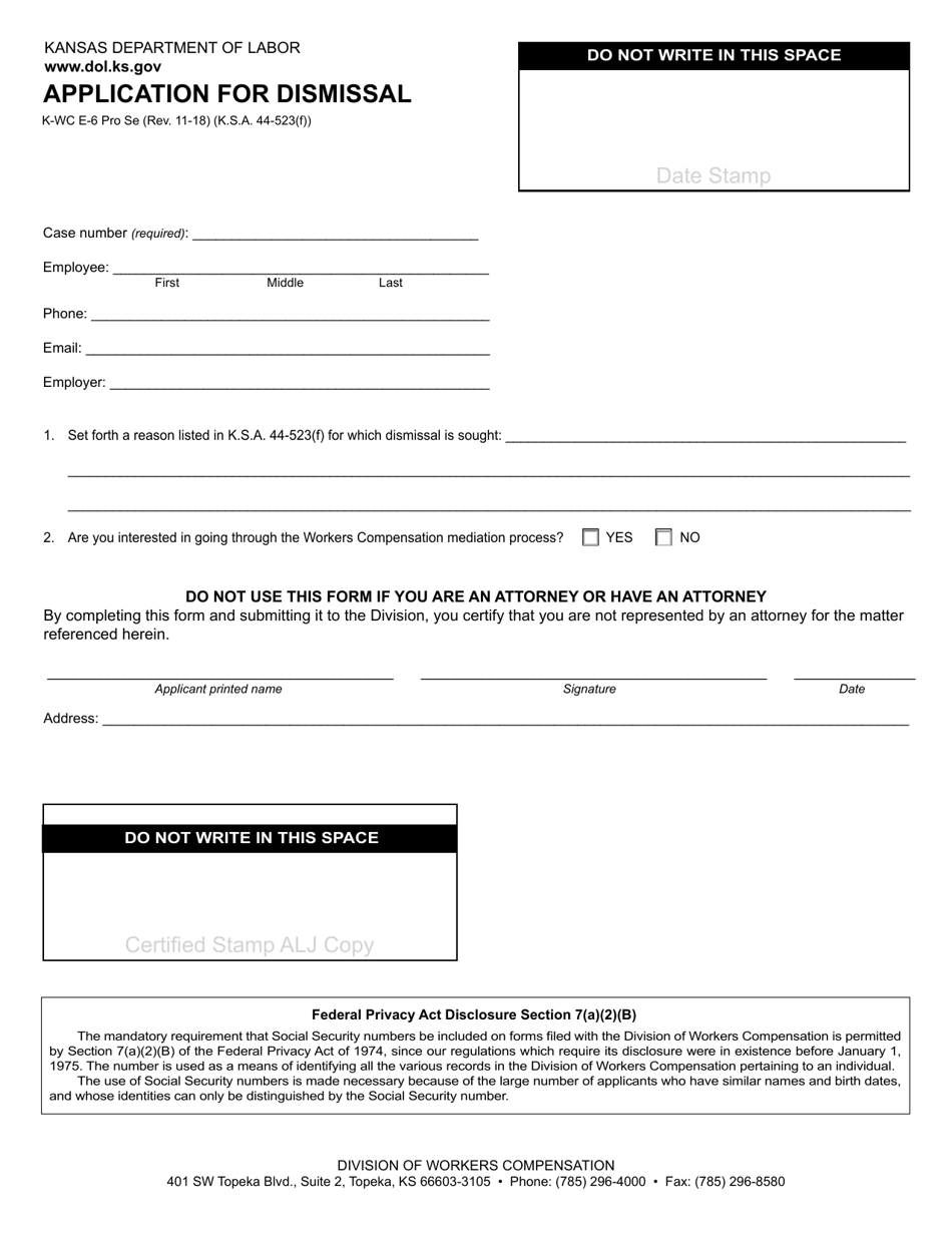 Form K-WC E-6 Application for Dismissal - Kansas, Page 1