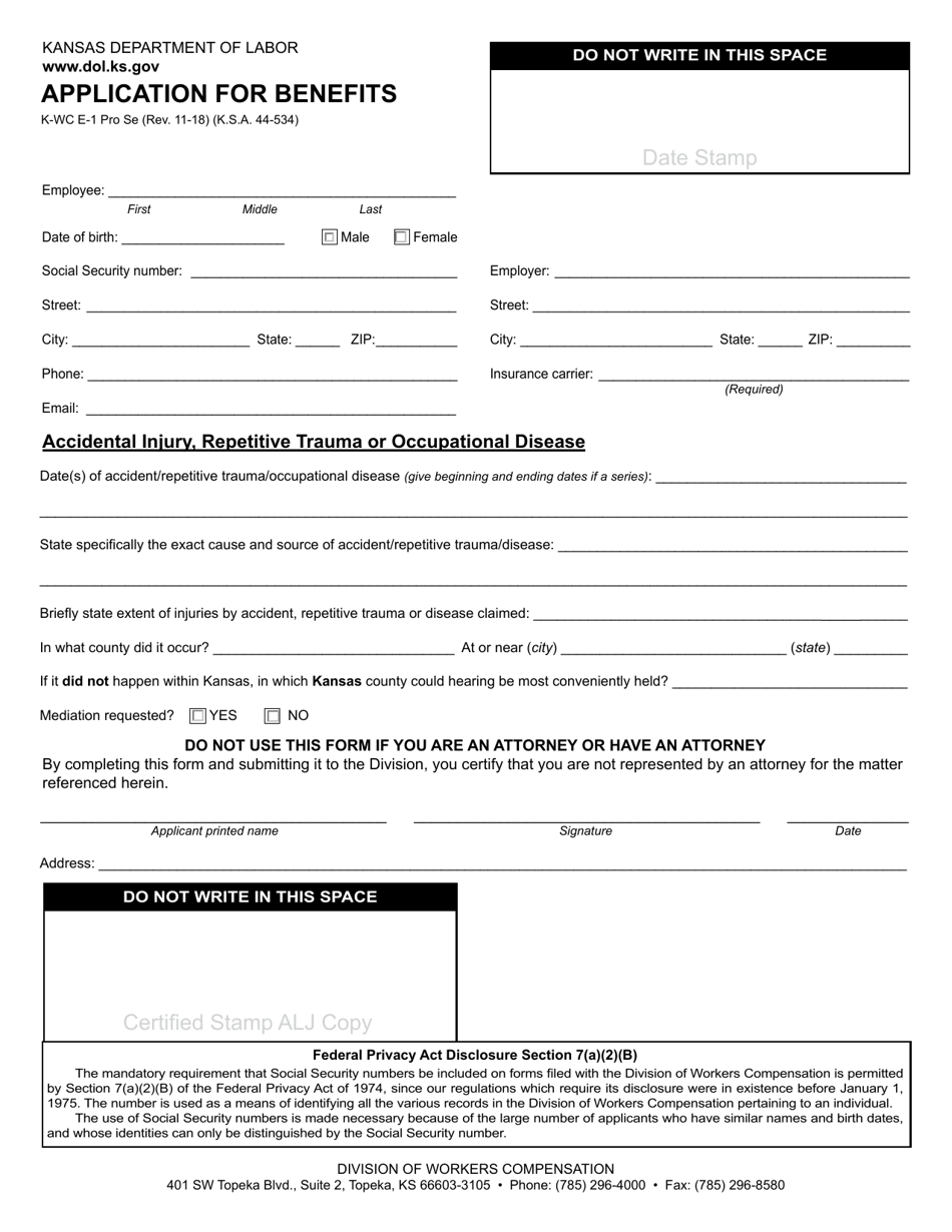 Form K-WC E-1 Application for Benefits - Kansas, Page 1