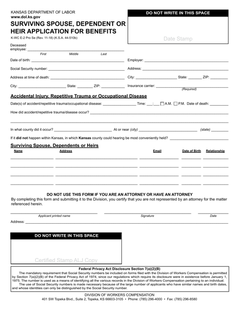 Document preview: Form K-WC E-2 Surviving Spouse, Dependent or Heir Application for Benefits - Kansas