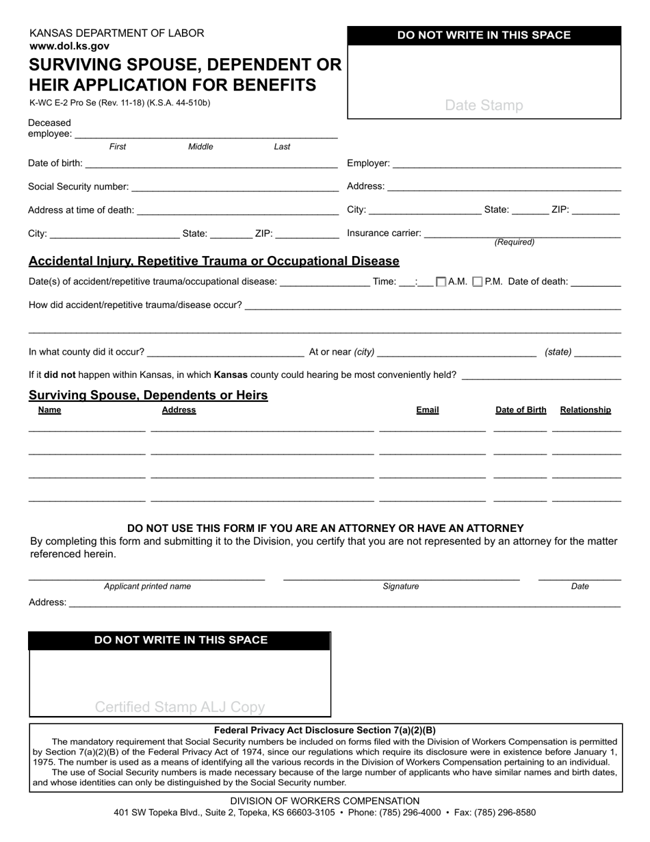 Form K-WC E-2 - Fill Out, Sign Online and Download Fillable PDF, Kansas ...