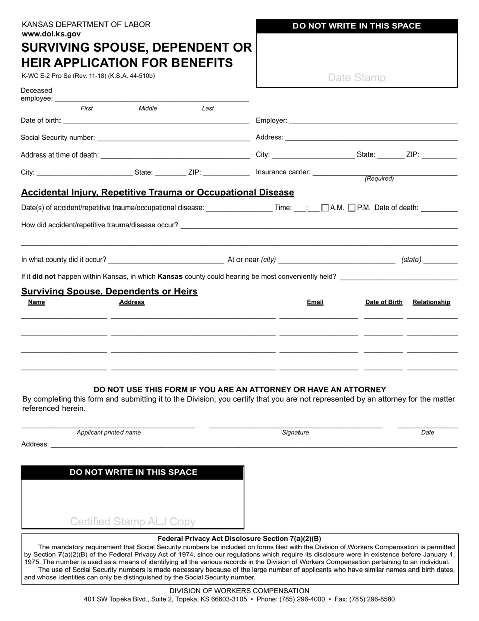 Form K-WC E-2 Surviving Spouse, Dependent or Heir Application for Benefits - Kansas, Page 1