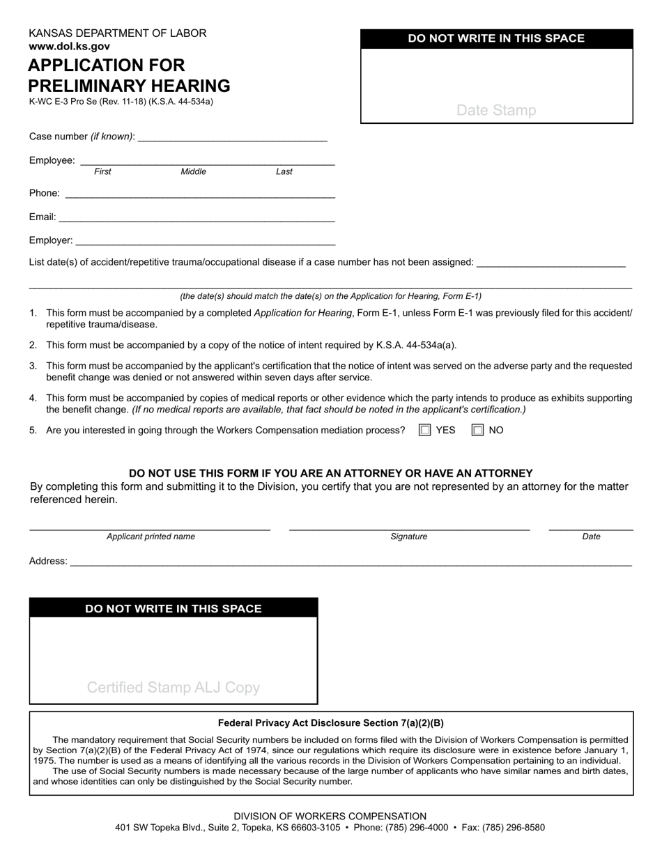 Form K-WC E-3 Application for Preliminary Hearing - Kansas, Page 1