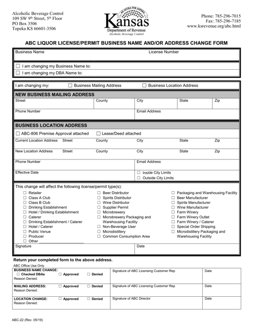 Form ABC-22 Abc Liquor License/Permit Business Name and/or Address Change Form - Kansas