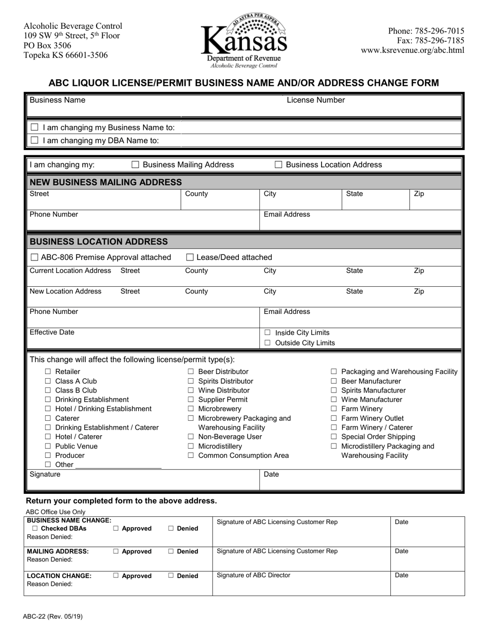 Form ABC-22 Abc Liquor License / Permit Business Name and / or Address Change Form - Kansas, Page 1