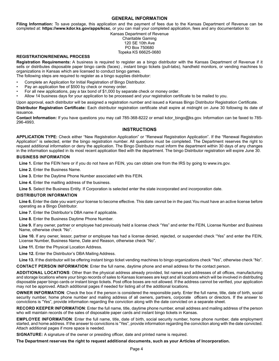 Form BI-158 Bingo Distributor Registration Application - Kansas, Page 4