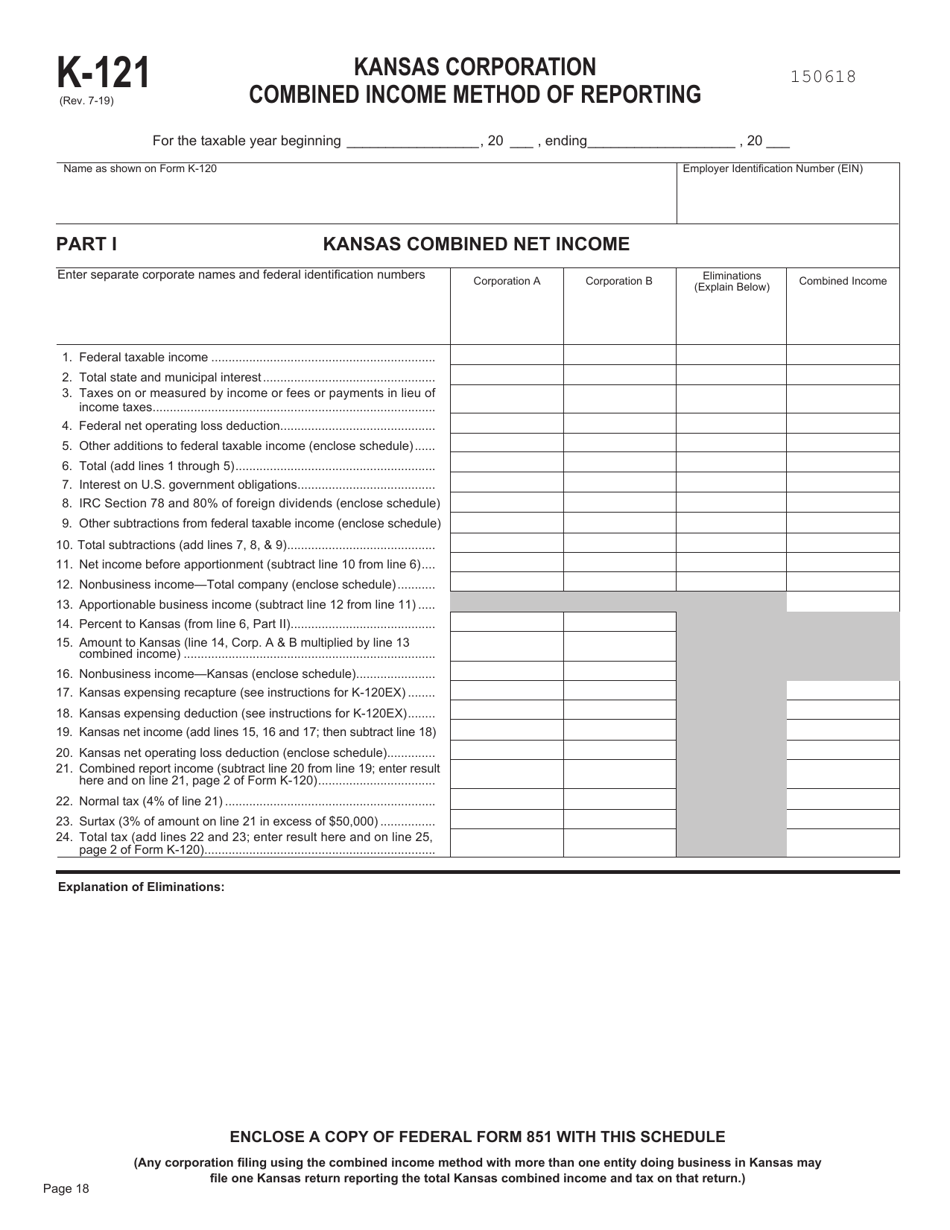 Form K-121 Combined Income Method of Reporting - Kansas, Page 1