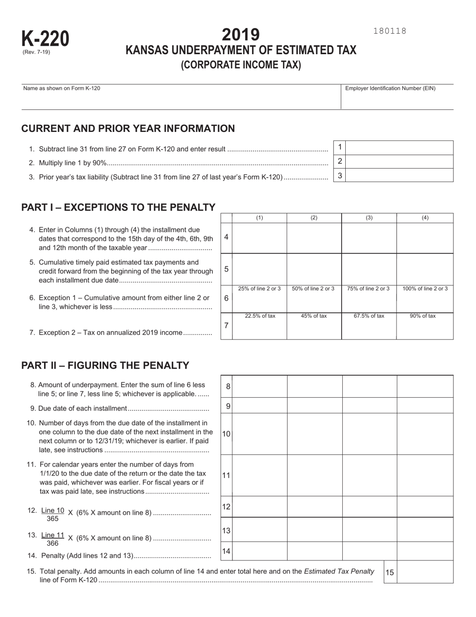 Schedule K220 Download Fillable PDF or Fill Online Kansas Underpayment