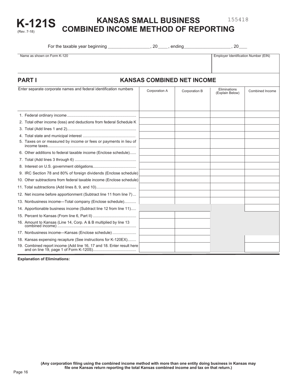 Form K-121S Kansas Small Business Combined Income Method of Reporting - Kansas, Page 1