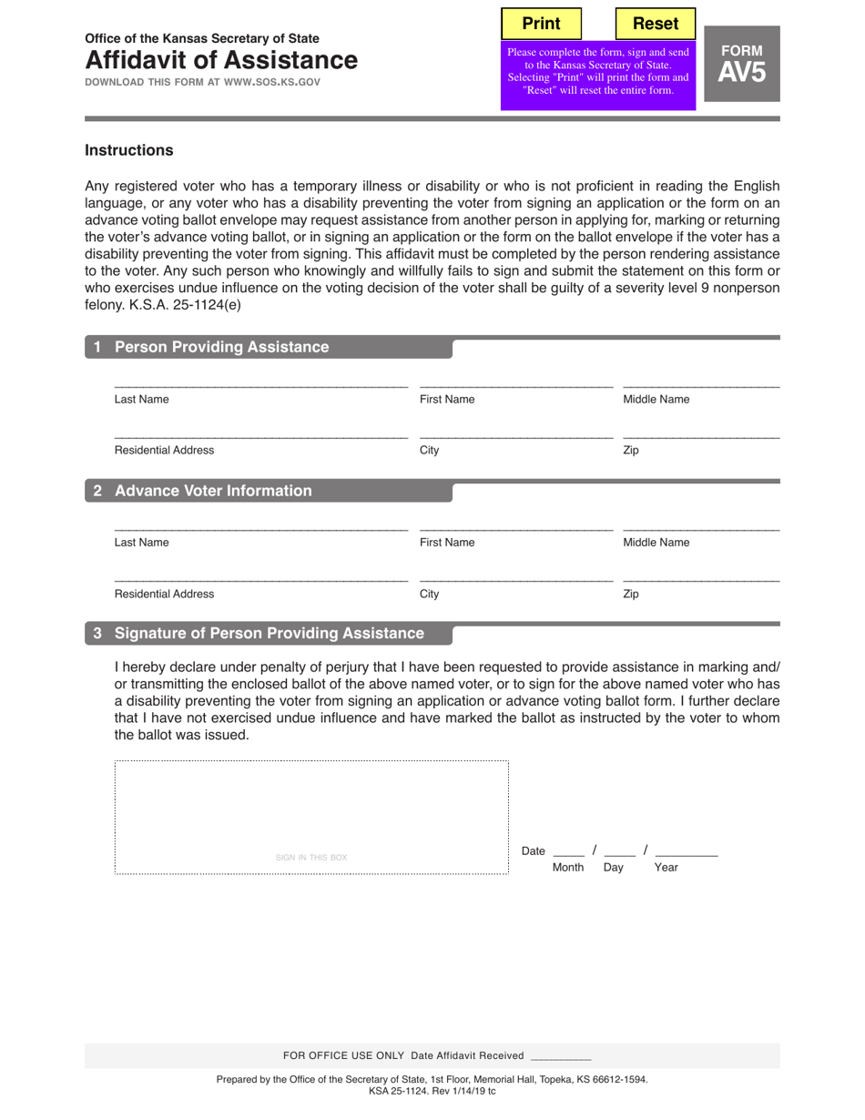 Form AV5 Affidavit of Assistance - Kansas, Page 1