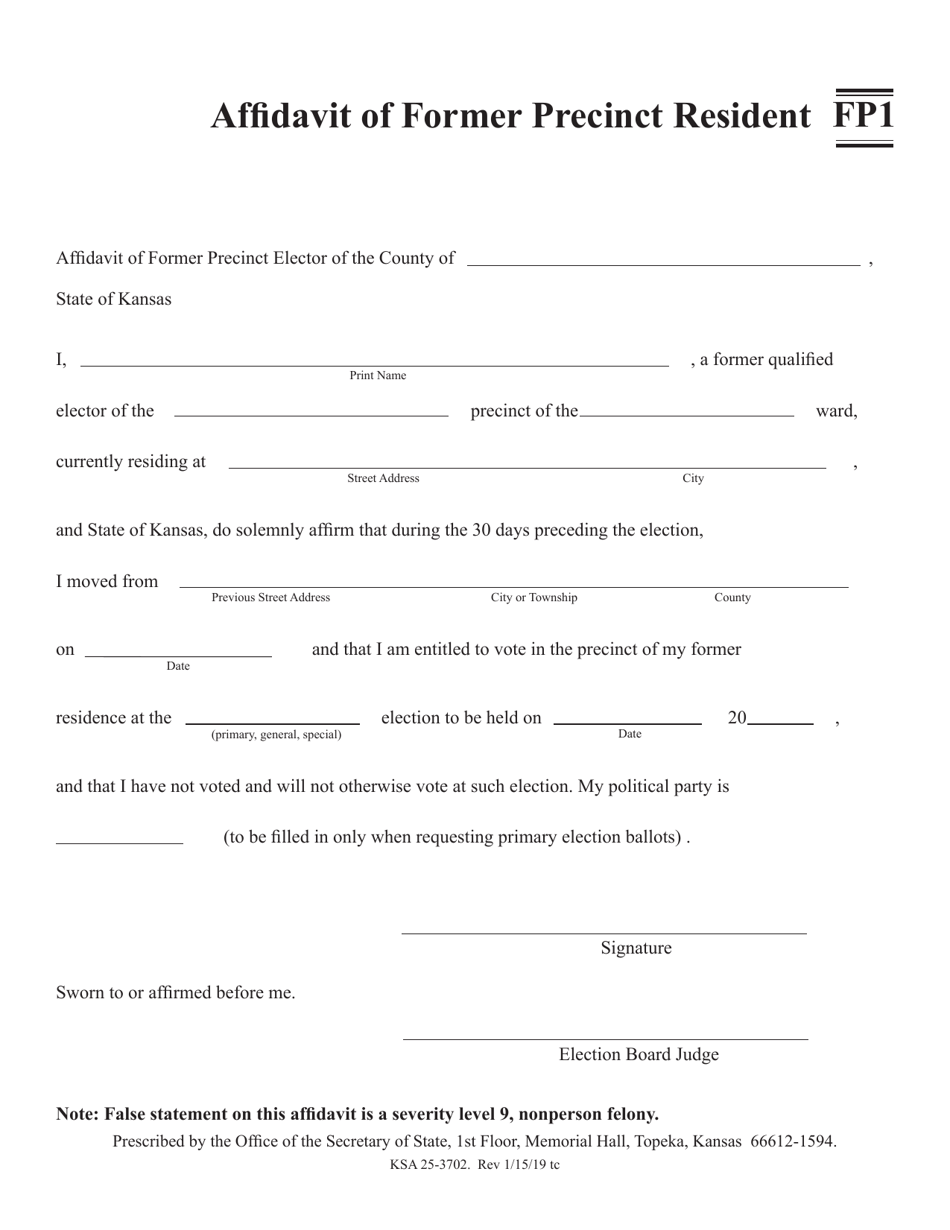 Form FP1 Affidavit of Former Precinct Resident - Kansas, Page 1