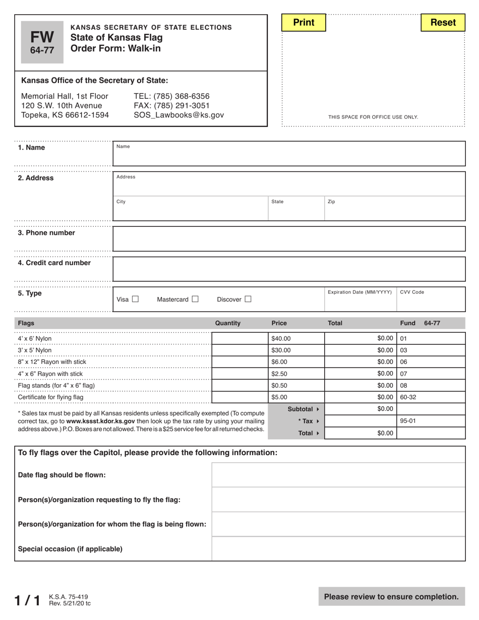 Form FW64-77 Flag Order Form - Kansas, Page 1