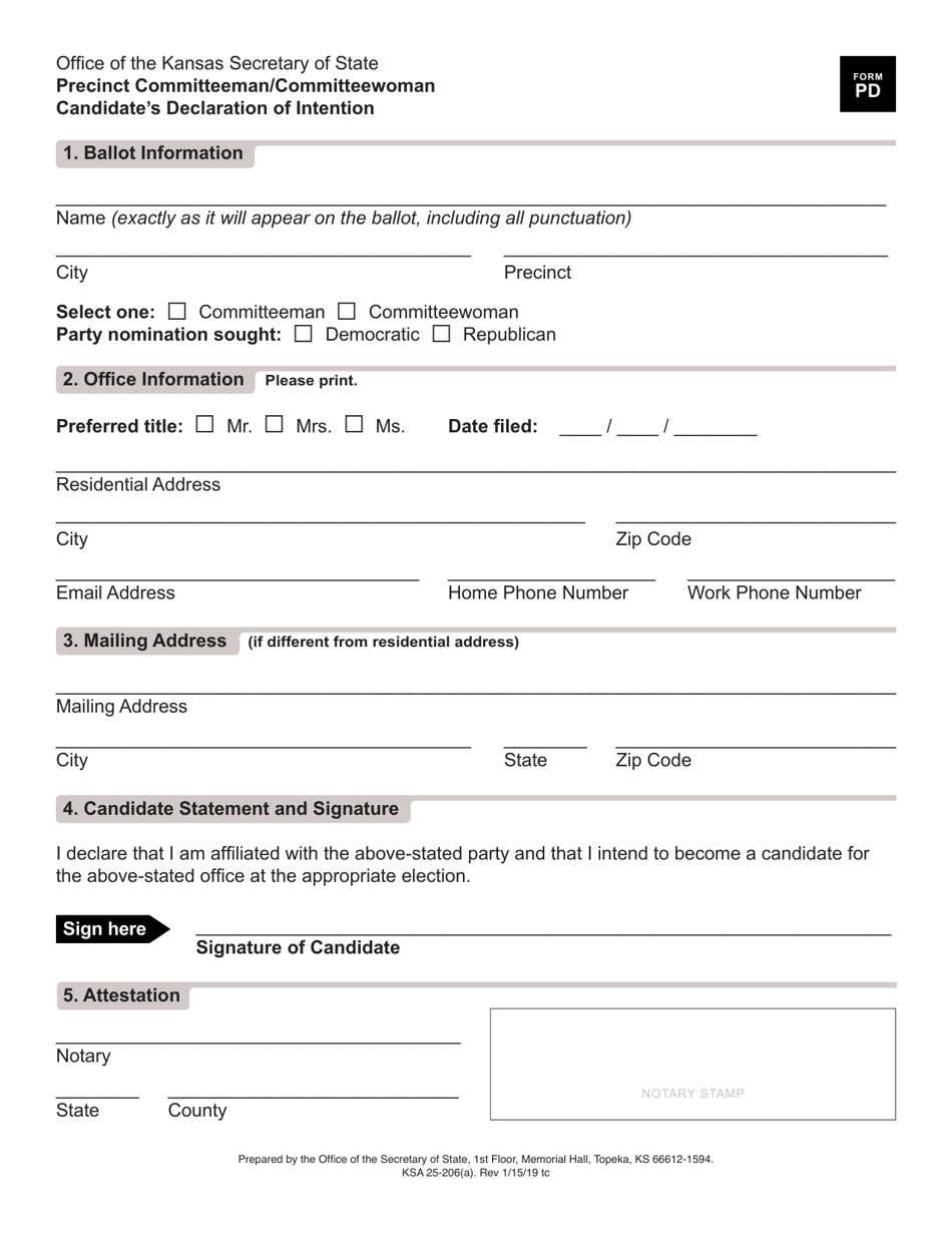 Form PD Declaration of Intention (Precinct Committeeman / Woman) - Kansas, Page 1