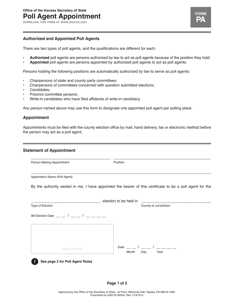 Form PA Poll Agent Appointment - Kansas, Page 1