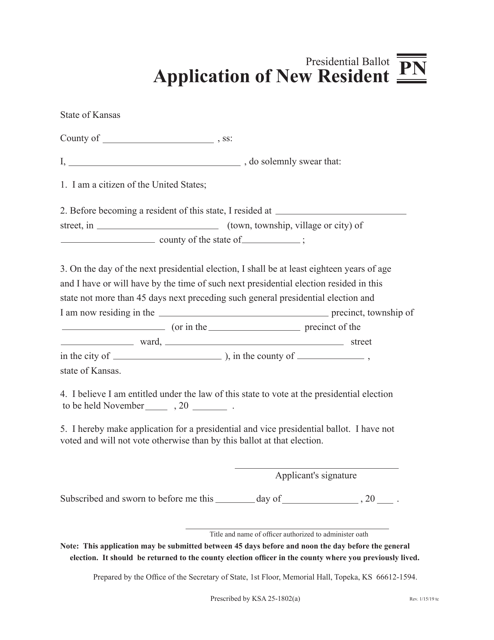 Form PN Application of New Resident Presidential Ballot - Kansas