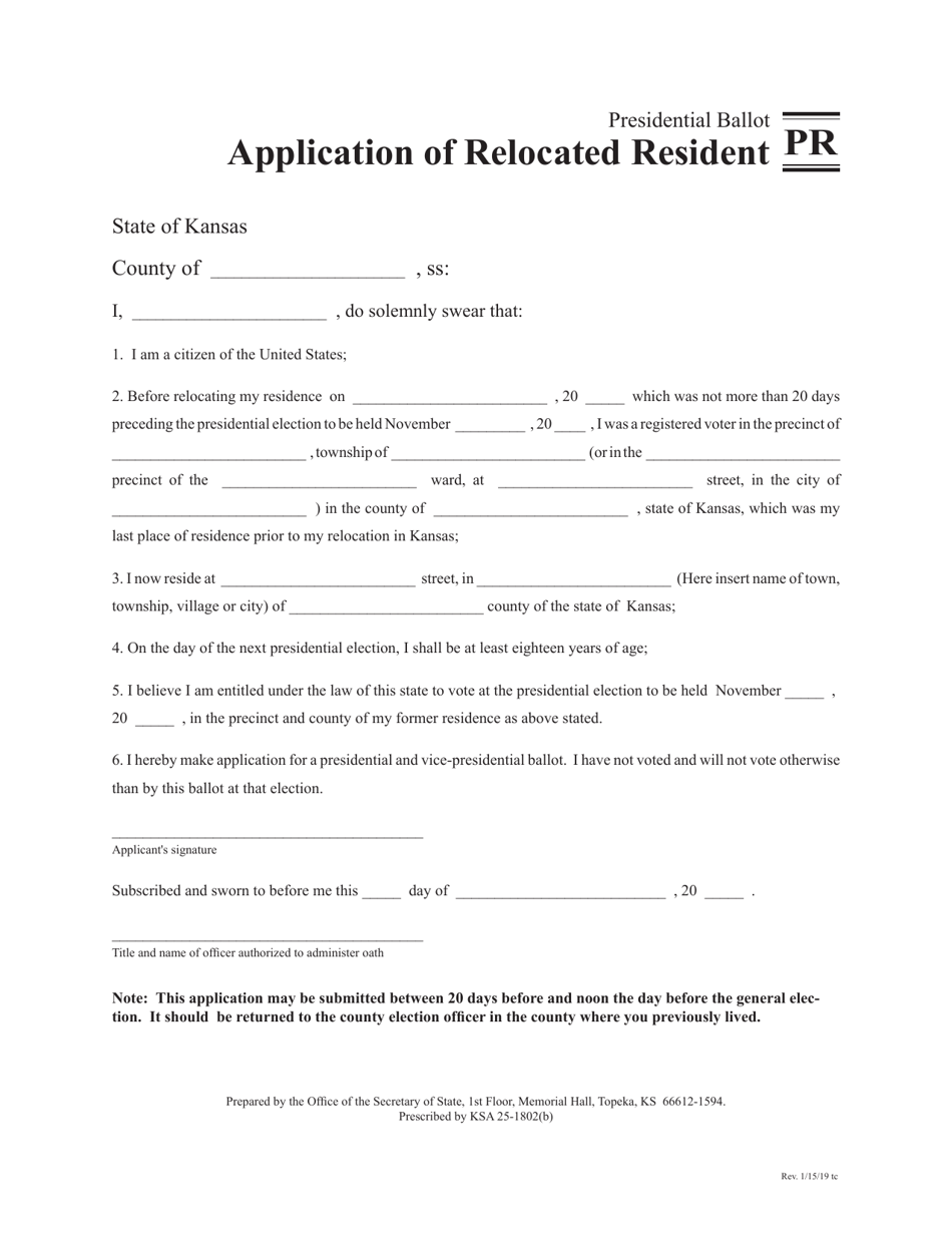 Form PR Application of Relocated Resident Presidential Ballot - Kansas, Page 1