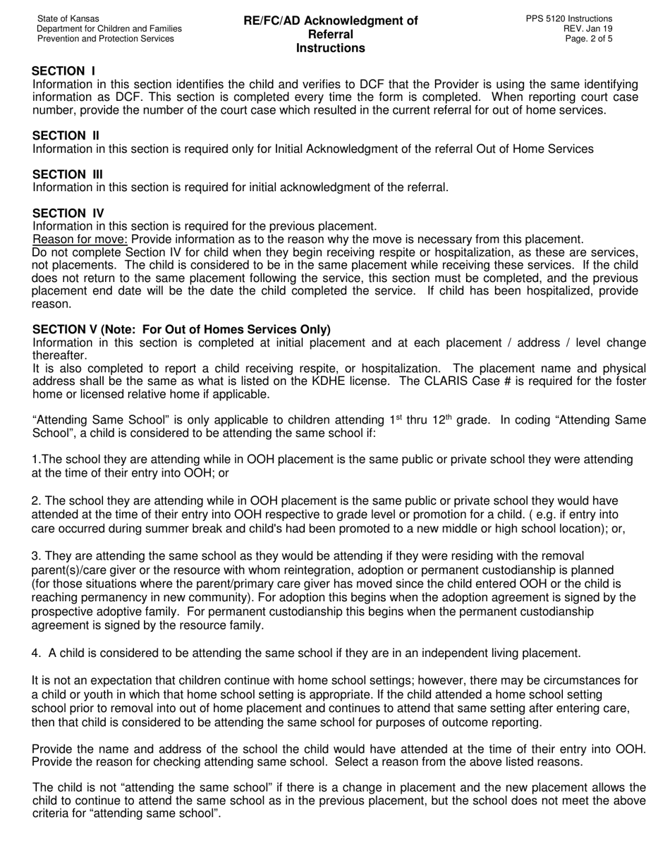 Instructions for Form PPS5120 Re / FC / Ad Acknowledgment of Referral / Notification of Move / Placement / Change - Kansas, Page 2