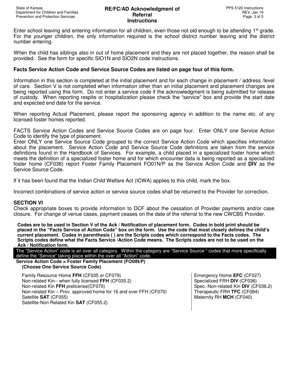 Instructions for Form PPS5120 Re / FC / Ad Acknowledgment of Referral / Notification of Move / Placement / Change - Kansas, Page 3