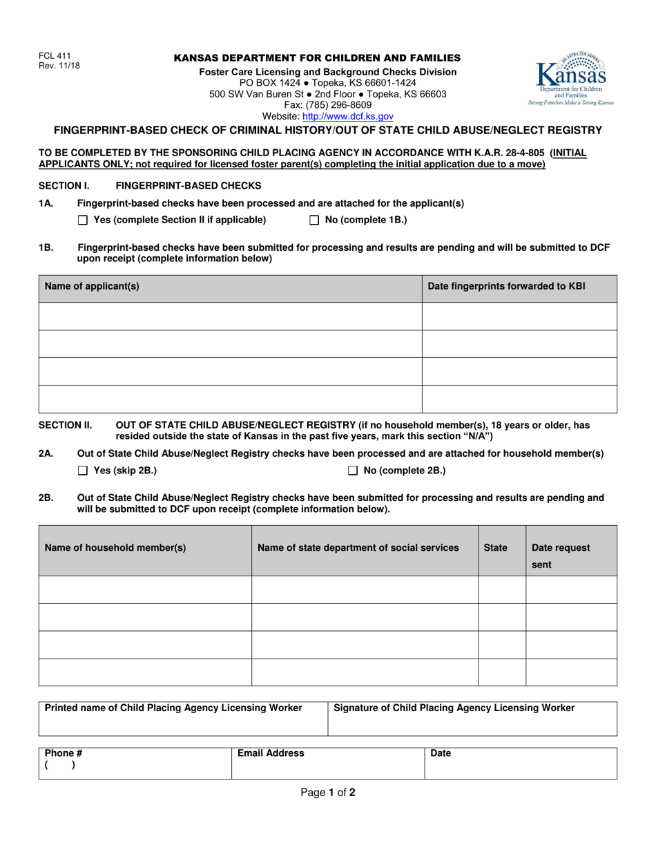 Form FCL411 Fingerprint-Based Check of Criminal History / Out of State Child Abuse / Neglect Registry - Kansas, Page 1