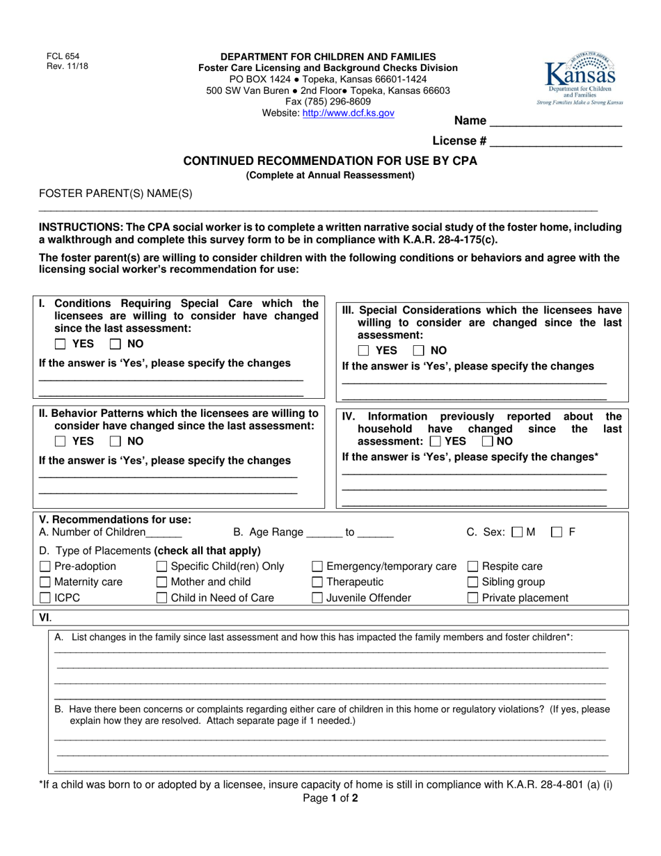 Form FCL654 Continued Recommendation for Use by Cpa - Kansas, Page 1