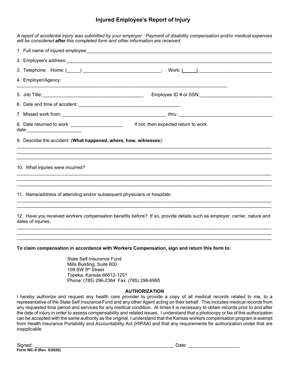 Form WC-9 Injured Employee's Report of Injury - Kansas, Page 1