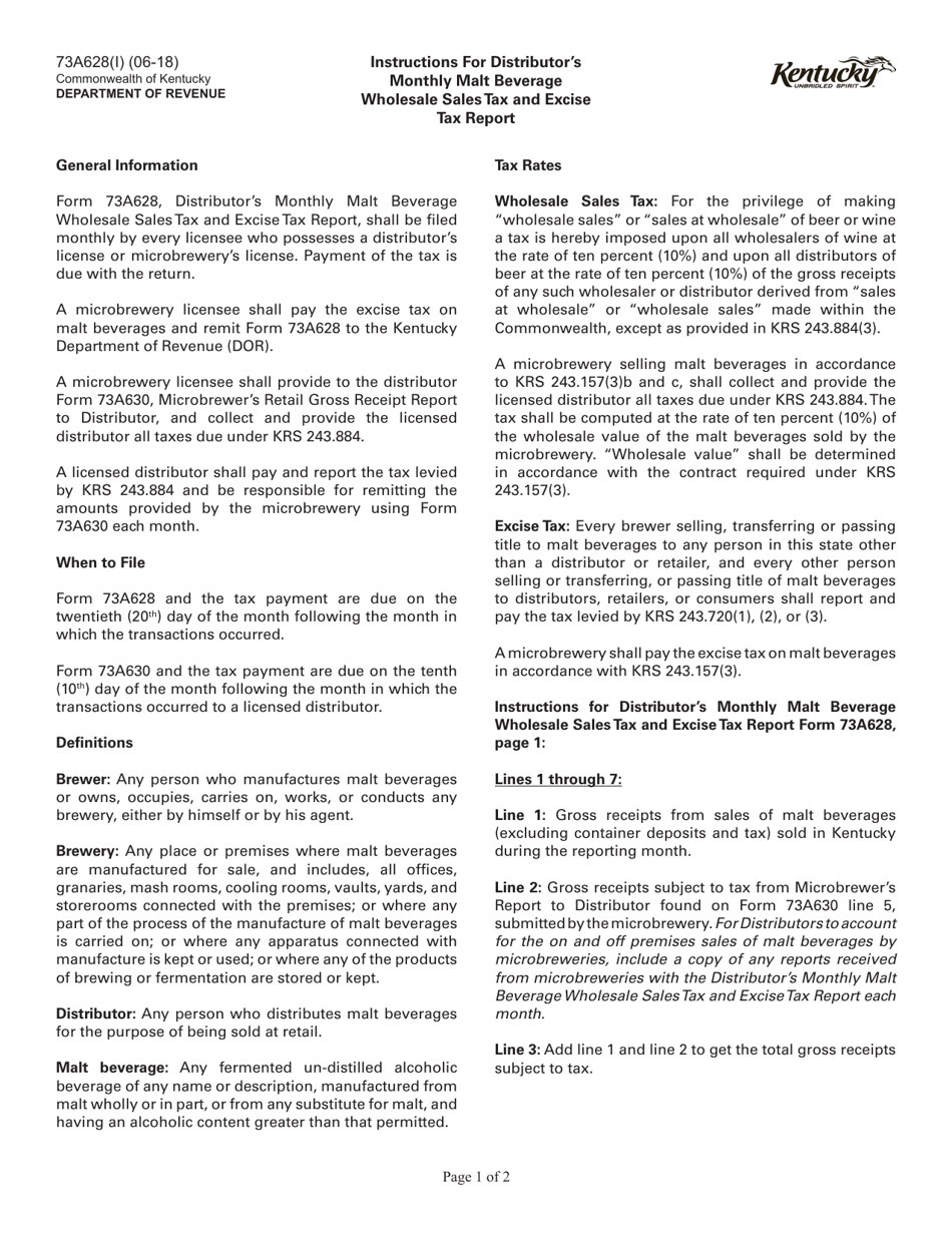 Instructions for Form 73A628 Distributors Monthly Malt Beverage Wholesale Sales Tax and Excise Tax Report - Kentucky, Page 1