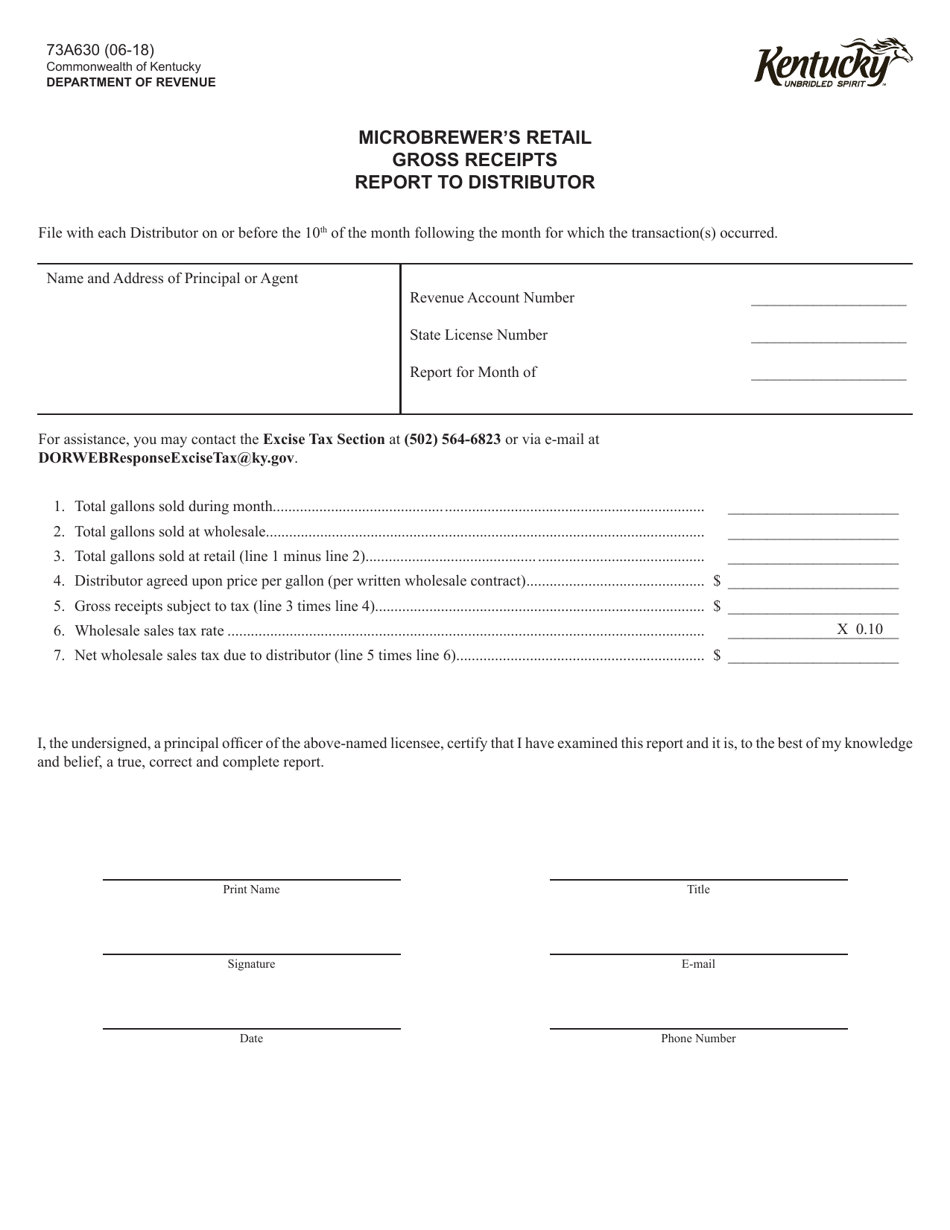 Form 73A630 Microbrewers Retail Gross Receipts Report to Distributor - Kentucky, Page 1